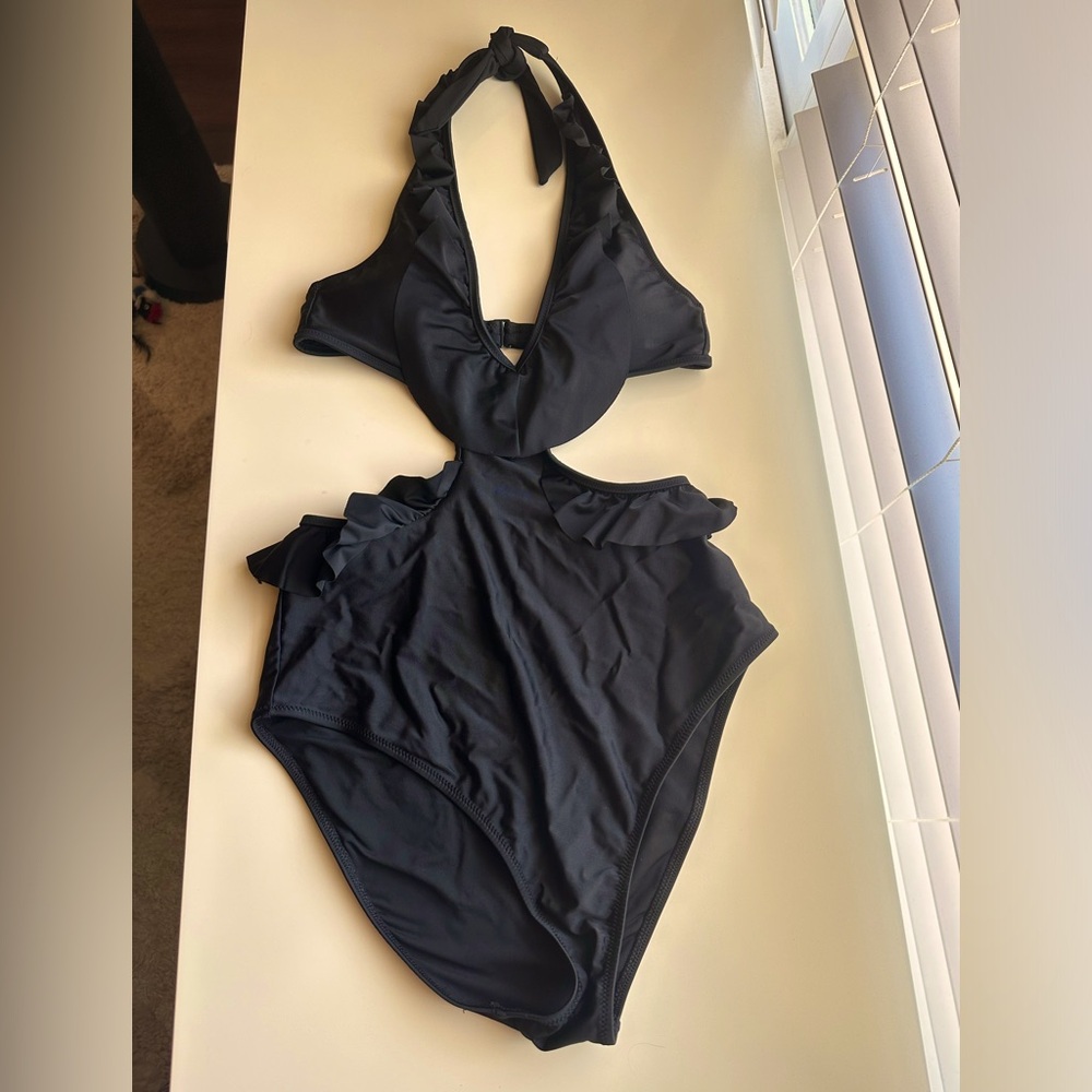 Black Ruffled Cut Out Swimsuit